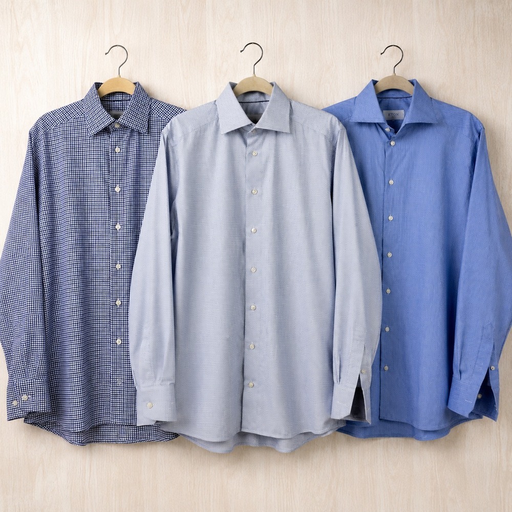 Eton Dress Shirt Lot 3 Blue Check Stripe Contemporary Fit 15.5 Medium Cotton